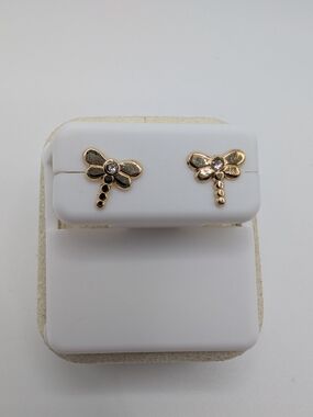10K Yellow Gold Clear CZ Dragonfly Screwback Stud Earrings